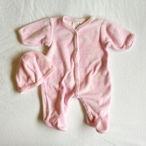 Vintage Coccoli Made in Canada Pink Terry Cloth Footie Sleeper Newborn Hat Set